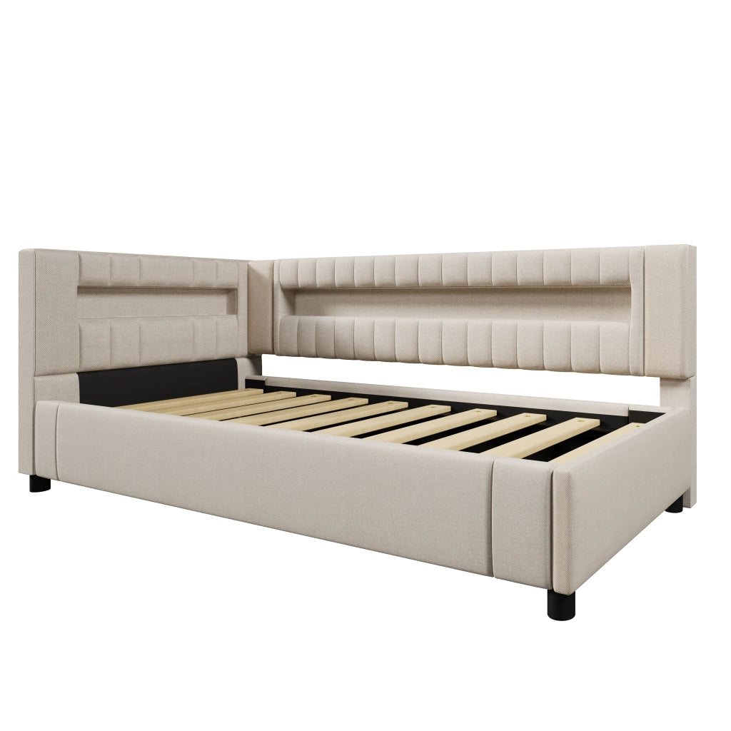 Daybed 90x200 cm in lino beige con LED, USB+TYPE-C e contenitore idraulico