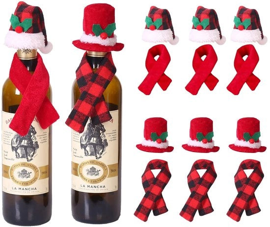 Decorazioni per bottiglie di vino 12 pezzi - Keramica - Mini Santa - Copricapo e sciarpa - Flanella - Sostenibile - Adatto per bottiglie di vino - Decorazione per bottiglie di vino