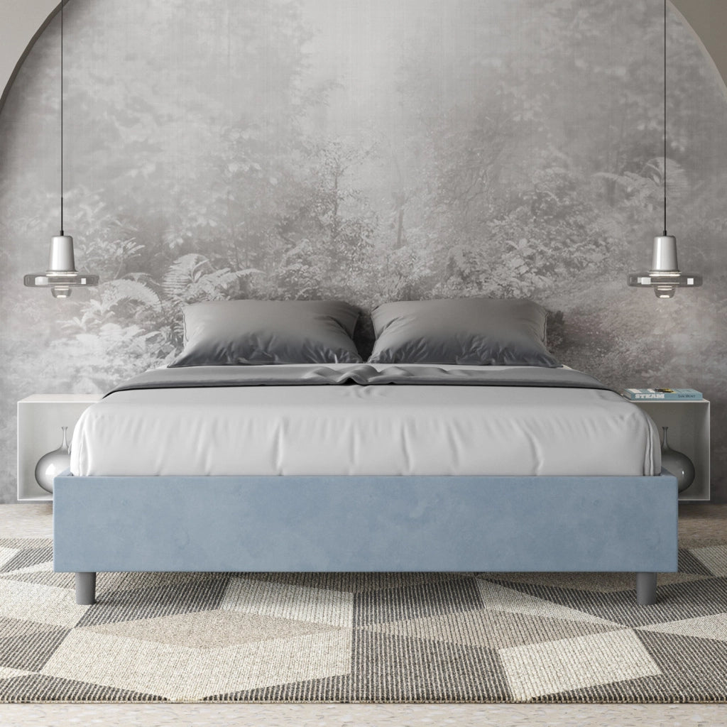 BS COM Letto matrimoniale francese contenitore imbottito 140x190 microfibra azzurro