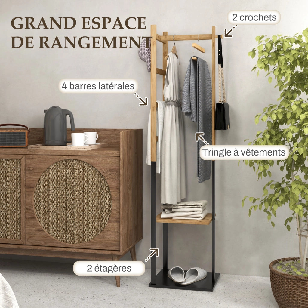 Appendiabiti in Bamb¨´ con Ripiani, Tringa e 4 Barre Laterali ¨C Minimal ¨C Legno