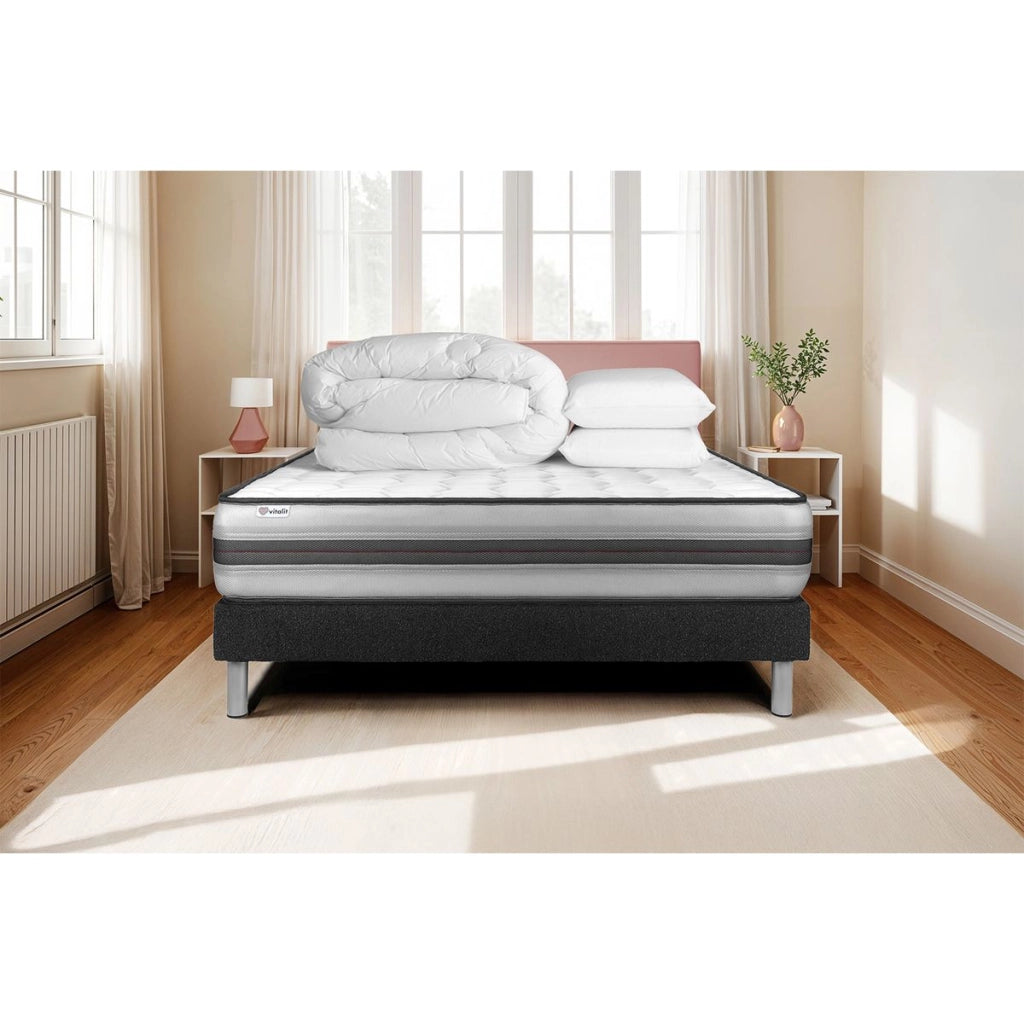 Pacchetto letto completo - Materasso 140x200cm + Box spring con doghe (in kit) + 2 cuscini + Piumino - Vitalpower Recover