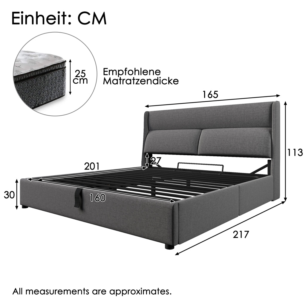 letto imbottito lino grigio 160 x 200 cm