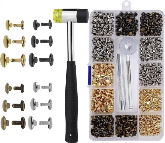 Set di chiodi da stiro 300 pezzi - Chiodi da stiro in pelle e metallo - Testa doppia - Manico per chiodi da stiro - Gattai - Chiodi da stiro 8 mm con foro 6 mm - Utilizzo per pelle e abbigliamento - 3 strumenti