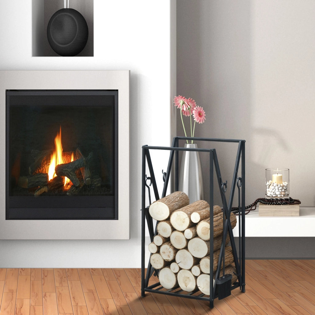 EasyComfort Portalegna da Interno ed Esterno in Acciaio con 4 Attrezzi Inclusi, Capacità 100kg 46x30x76cm Nero