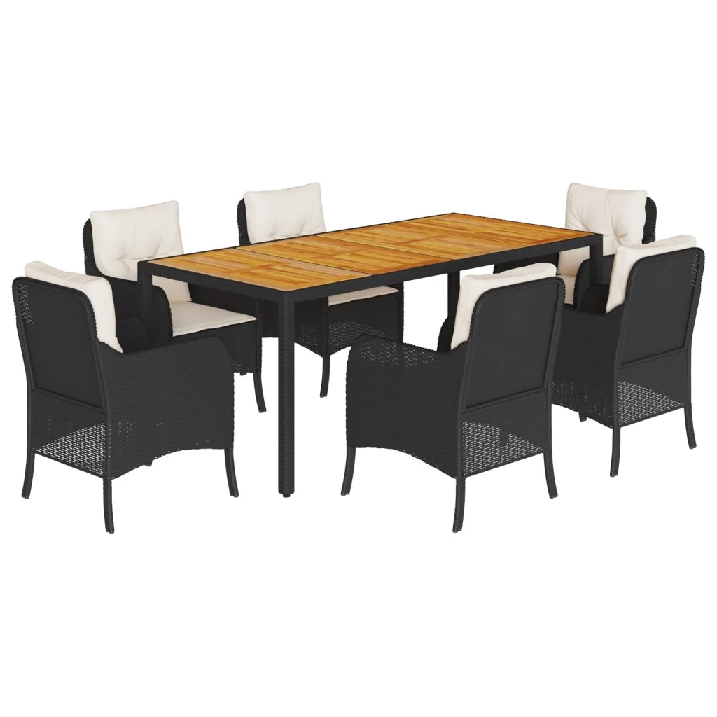 Set da Pranzo da Giardino 7 pz Nero con Cuscini in Polyrattan