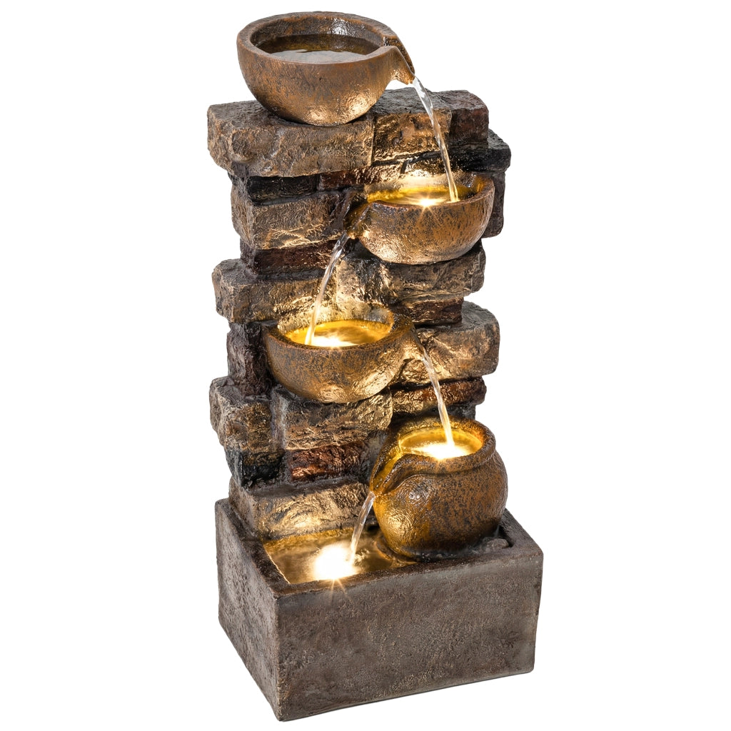Fontana da Giardino a Cascata 5 Livelli ¨C Xylo ¨C LED Marrone Rustico Pompa Regolabile