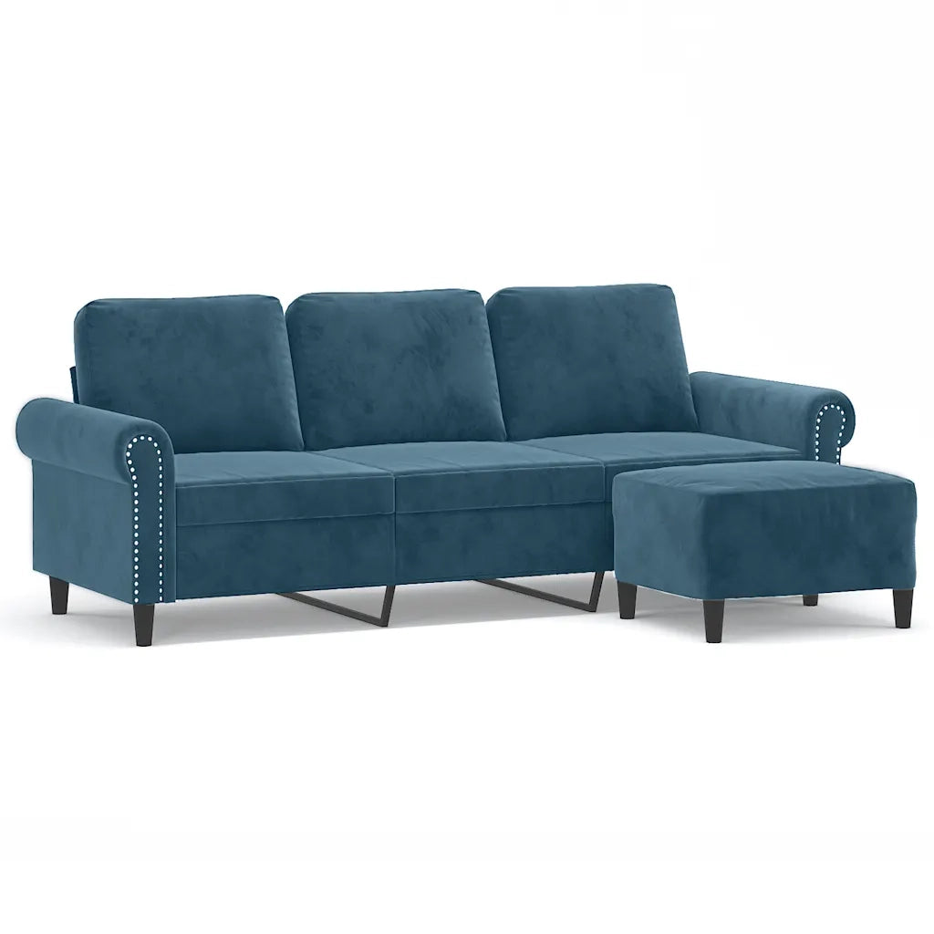 Divano a 3 Posti con Poggiapiedi Blu 180 cm in Velluto 3201224