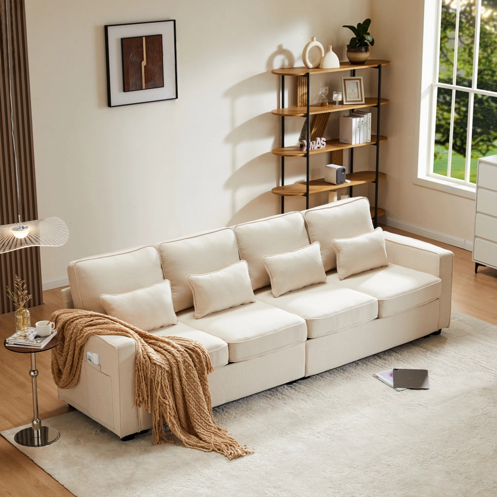 Sofa 4 posti moderno in lino - Zephmum- Con tasche braccioli e 4 cuscini