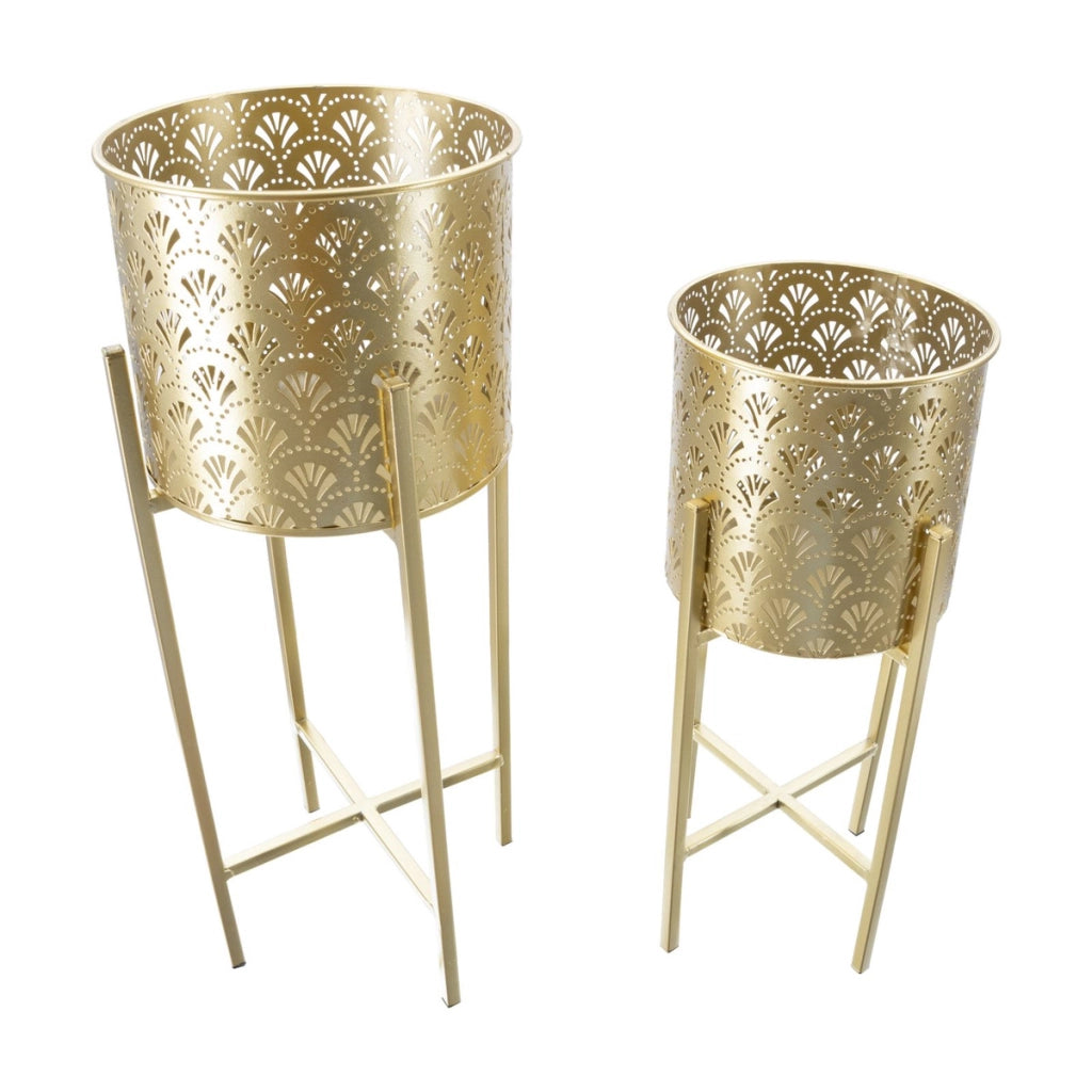 Set di 2 Vasi per Piante VKH398, Oro, Metallo, 21x21x52 cm