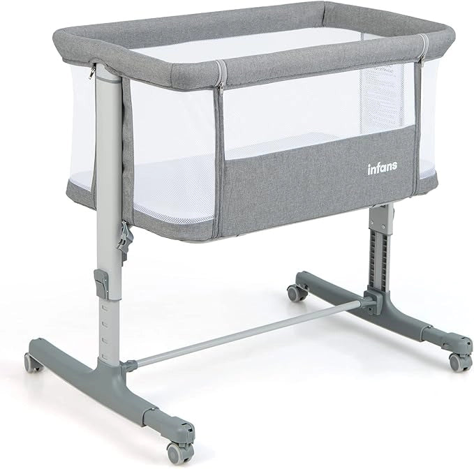 3 in 1 Culla Neonato Fianco Letto, Lettino Neonato Dondolo con Materasso, Culla Co-Sleeping Fino a 9 kg, Altezza Regolabili, 84 x 59,5 x 80,5cm (Grigio)