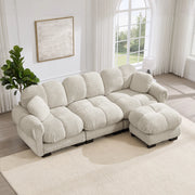 Divano angolare 3 posti modulare con pouf mobile e cuscino, in Ciniglia, Beige chiaro