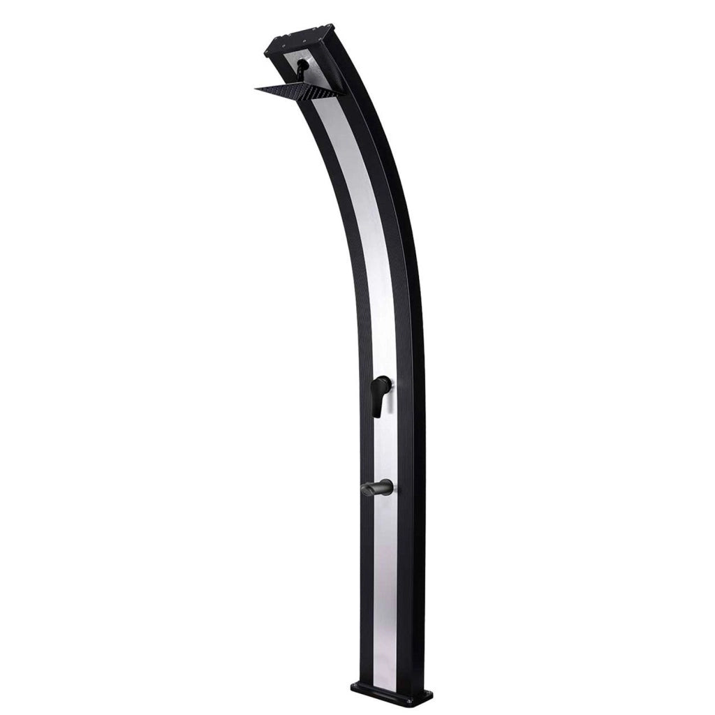 Starmatrix Doccia solare da esterno 40 L con miscelatore e rubinetto lavapiedi alluminio Nero RAL9004 con fascia Inox altezza 224 cm soffione quadrato SS0970-BLACK