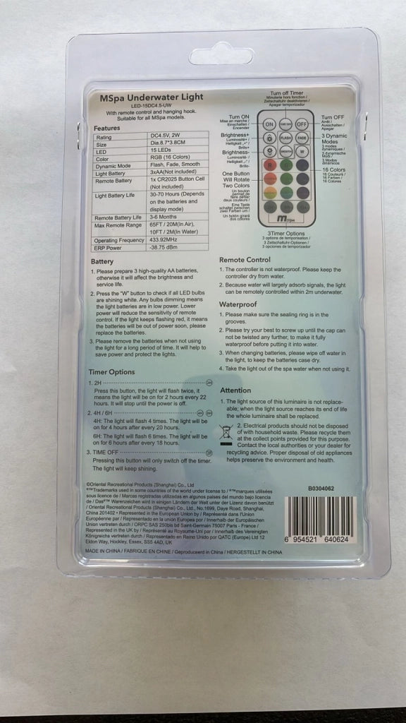 Luce LED subacquea cromoterapia con gancio e telecomando, IP68 per piscine e vasche da bagno