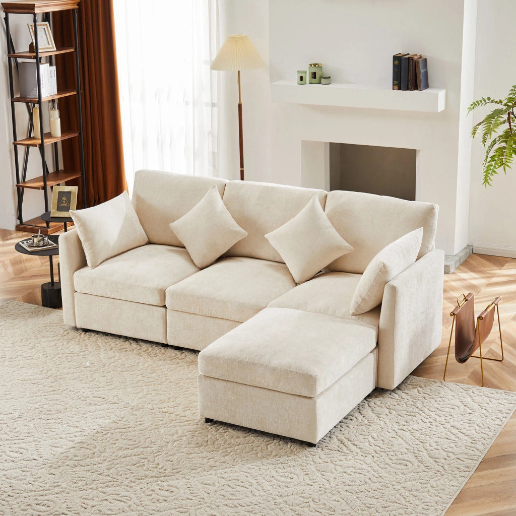 Divano angolare L convertibile in 3 posti - Zephmum - Modulare con pouf mobile e 4 cuscini in chenille, beige