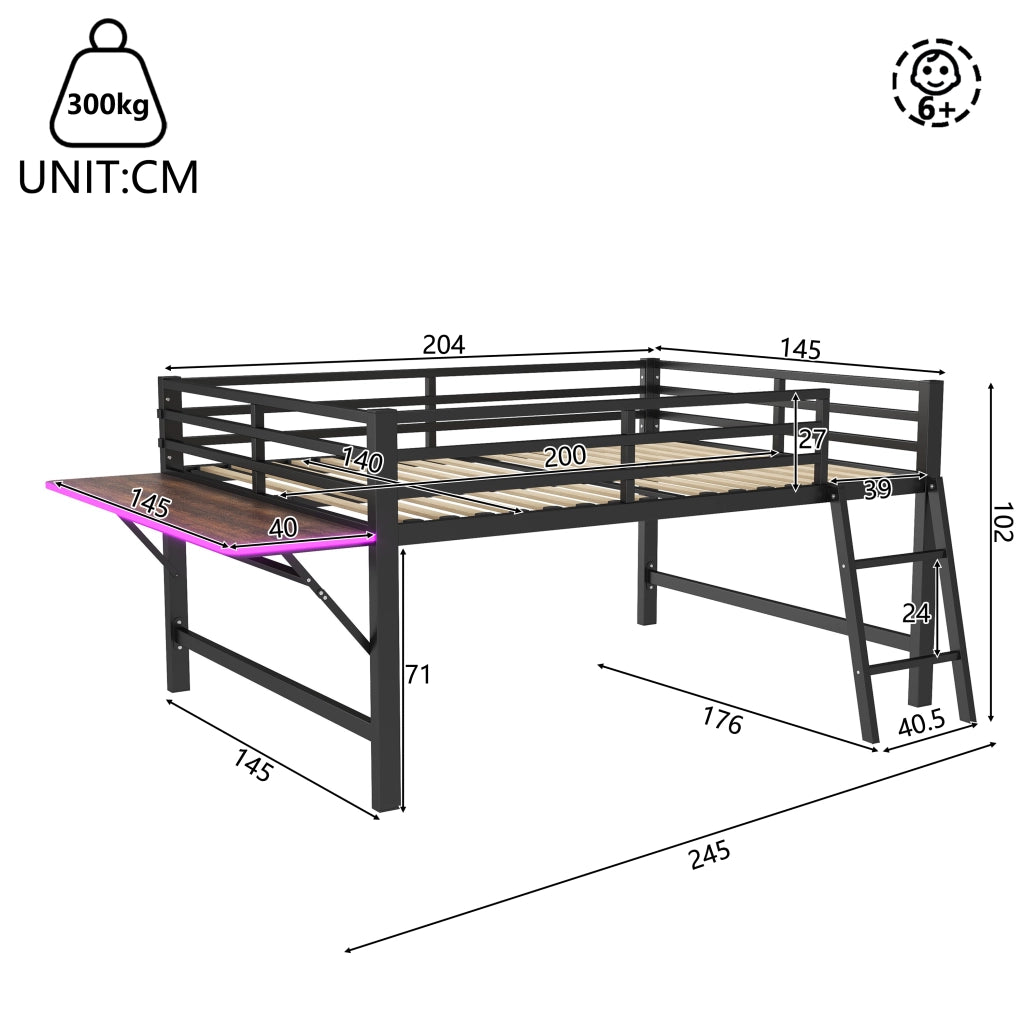 LETTO in metallo 140x200 cm nero con scala, scrivania e LED