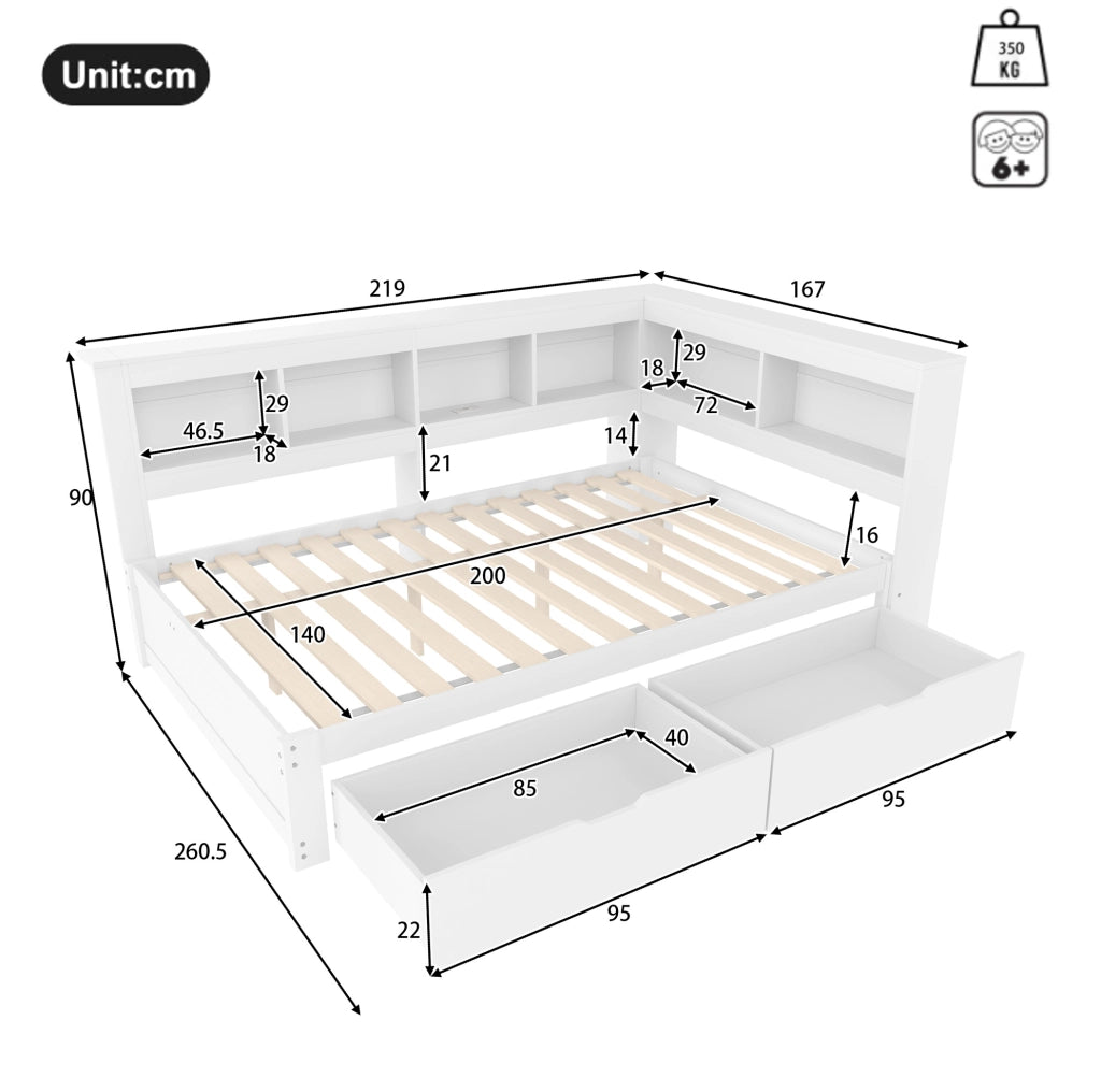 Letto daybed 140x200 cm con cassetti, prese e USB