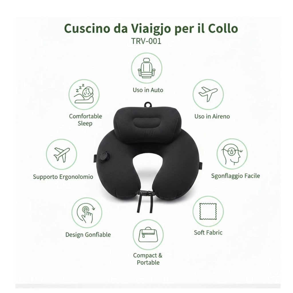 CUSCINO DA VIAGGIO AUTO GONFIABILE PER COLLO CON POMPA 3D MEMORY FOAM KLW01