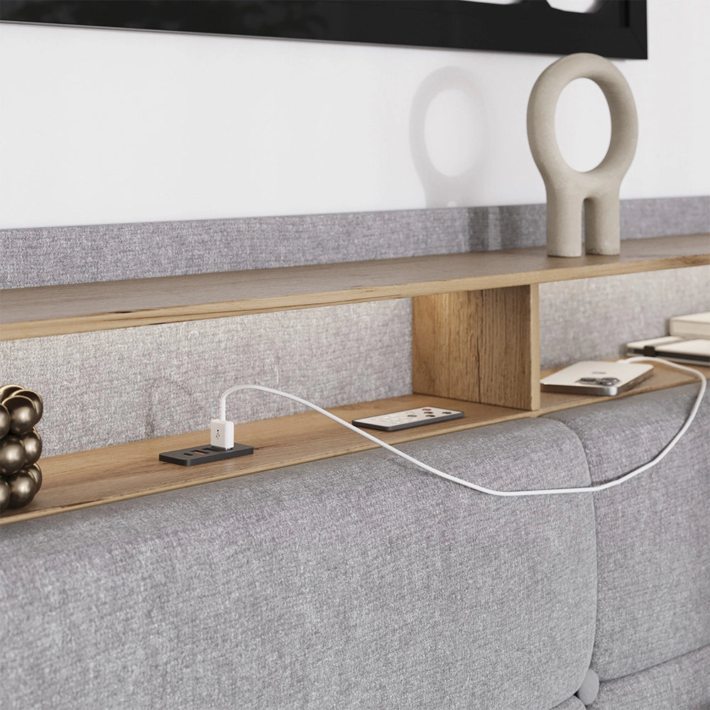 Vitalispa Letto imbottito Grigio/quercia 180x200 con LED e porta USB