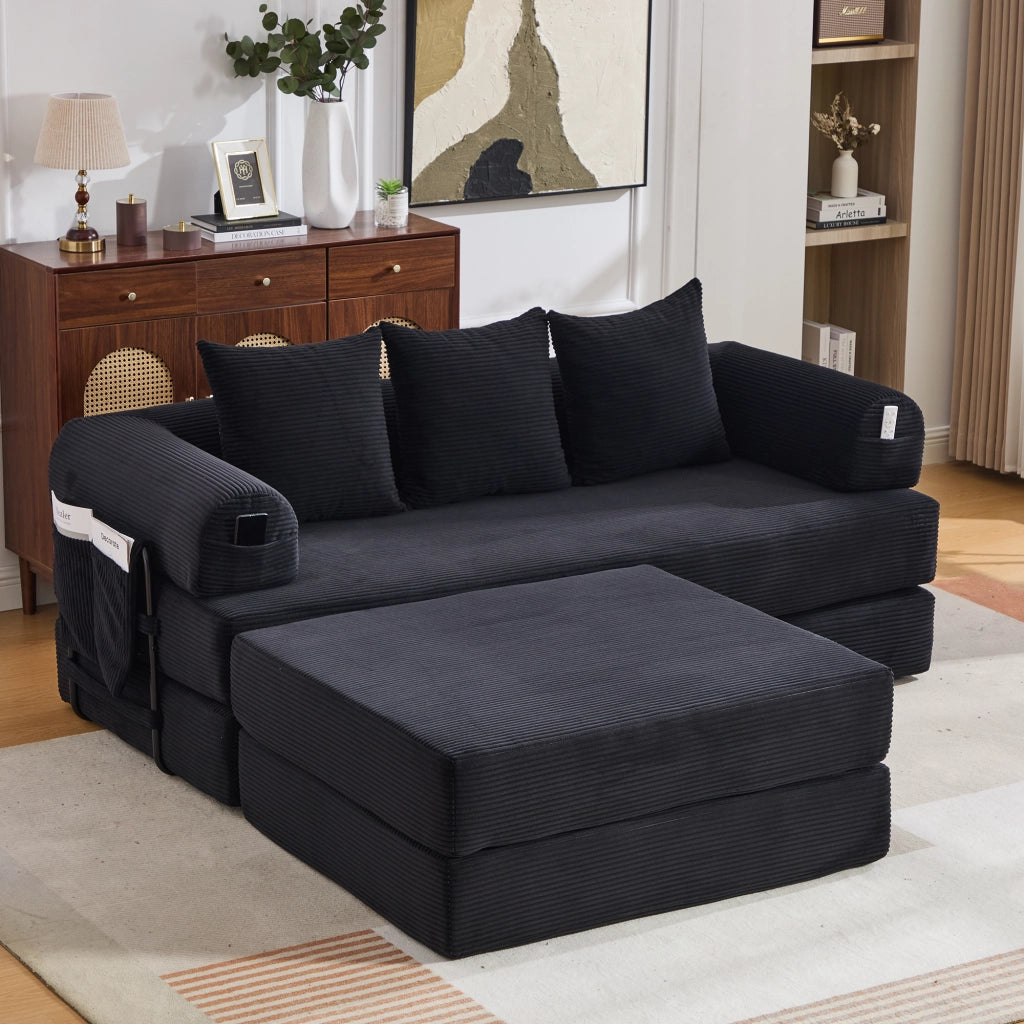 DIVANO modulare in velluto a coste 200x190x67 cm nero con 3 cuscini e pouf