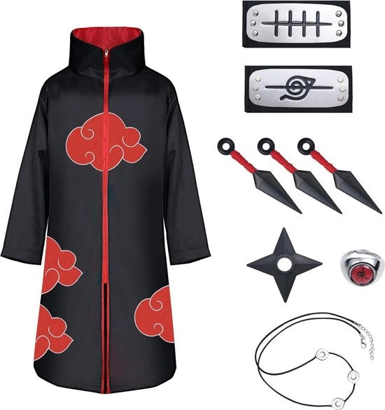 Costume da Carnevale - "Akatsuki Mastery: Set Completo 9 pezzi Unisex Ninja Hokage - Costume da Halloween con Mantello, Cinture, Collare, Anello e Accessori - Per Bambini e Adulti in Stile Anime Naruto