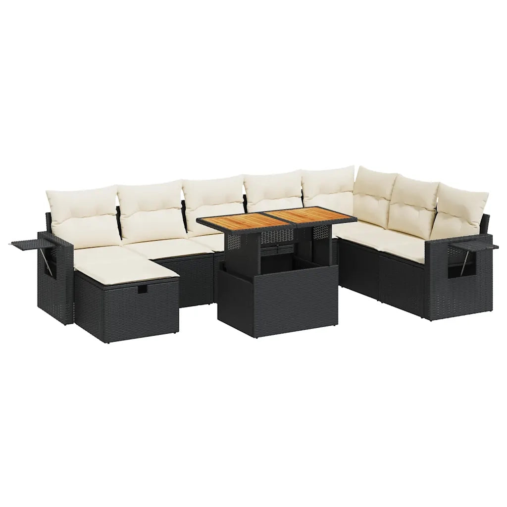Set Divani da Giardino 9 pz con Cuscini Nero Polyrattan Acacia 3328043