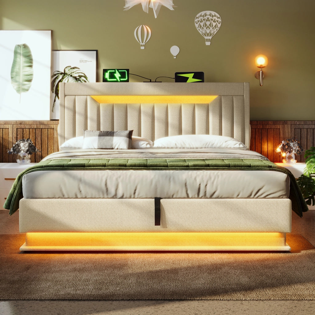 Letto contenitore matrimoniale 140x200 cm imbottito; testiera con vani; LED testiera/pediera; USB; USB-C; idraulico; lino beige