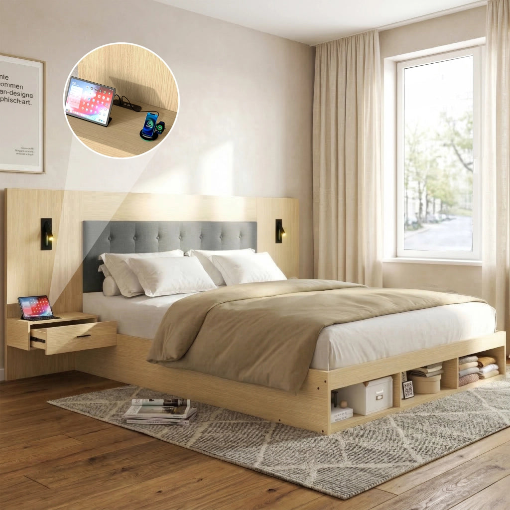 LETTO matrimoniale 180x200 cm con 2 comodini, USB e Type-C, rovere chiaro