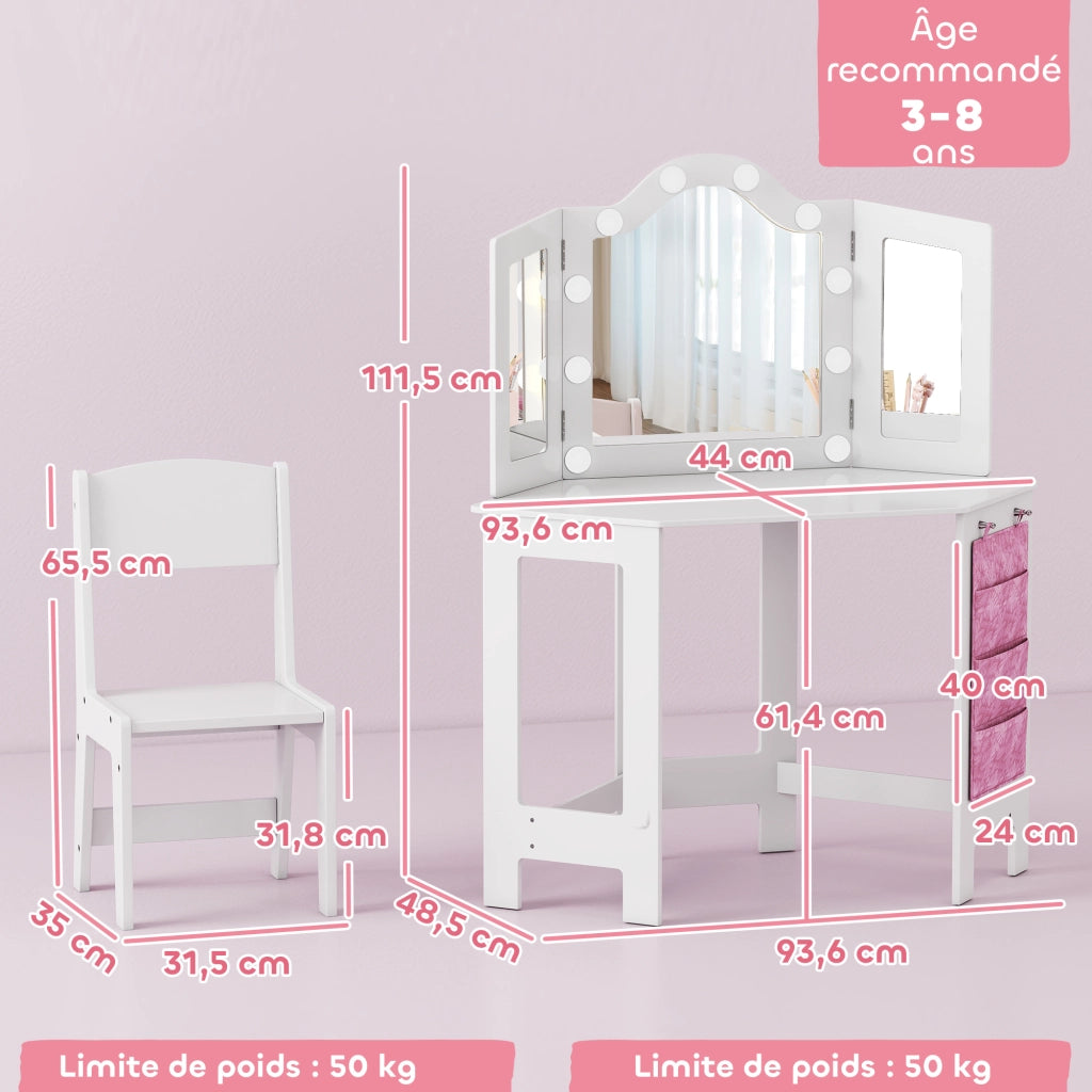 Scrivania con specchio e sgabello ¨C Minimal ¨C bianco 93.6x48.5x111.5 cm