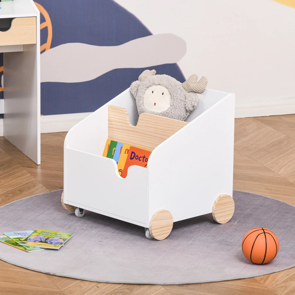 Libreria Bambini per Giocattoli 2 Scomparti con Ruote ¨C Minimal ¨C 40x43x43 cm Bianco e Naturale