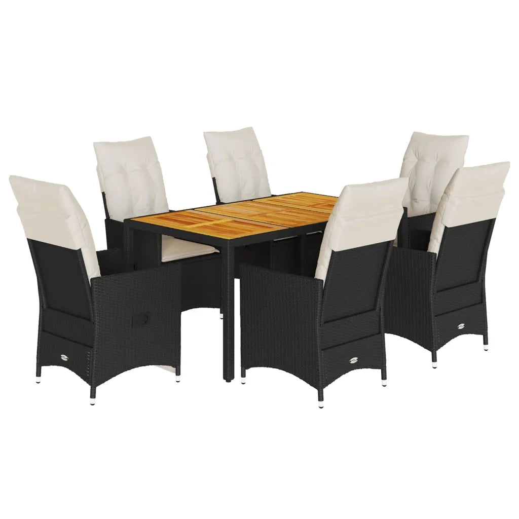 Set da Pranzo da Giardino 7 pz Nero con Cuscini in Polyrattan