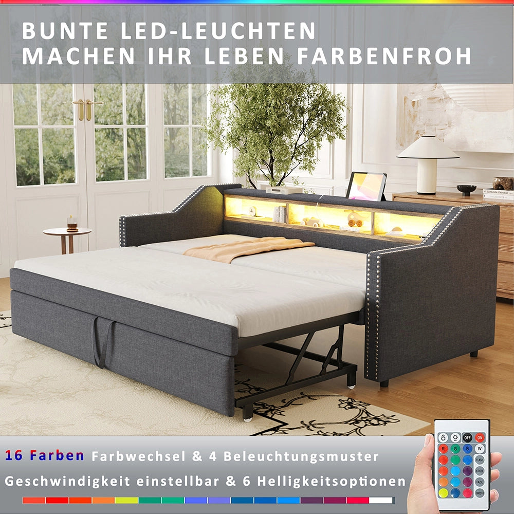 Divano letto - Xylo - 90/180x190 cm LED USB grigio scuro