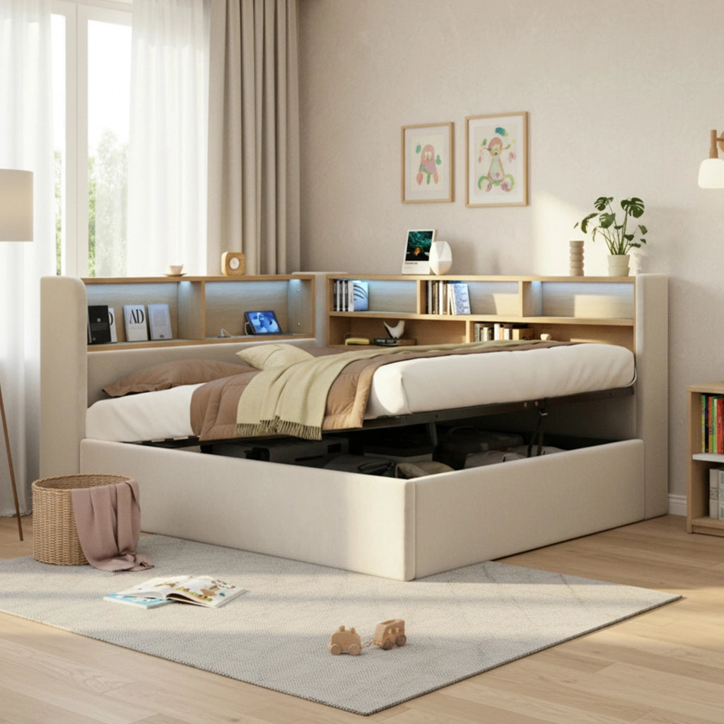 Letto da giorno imbottito 140x190 cm con contenitore idraulico, velluto beige, LED, porte USB e ripiani laterali