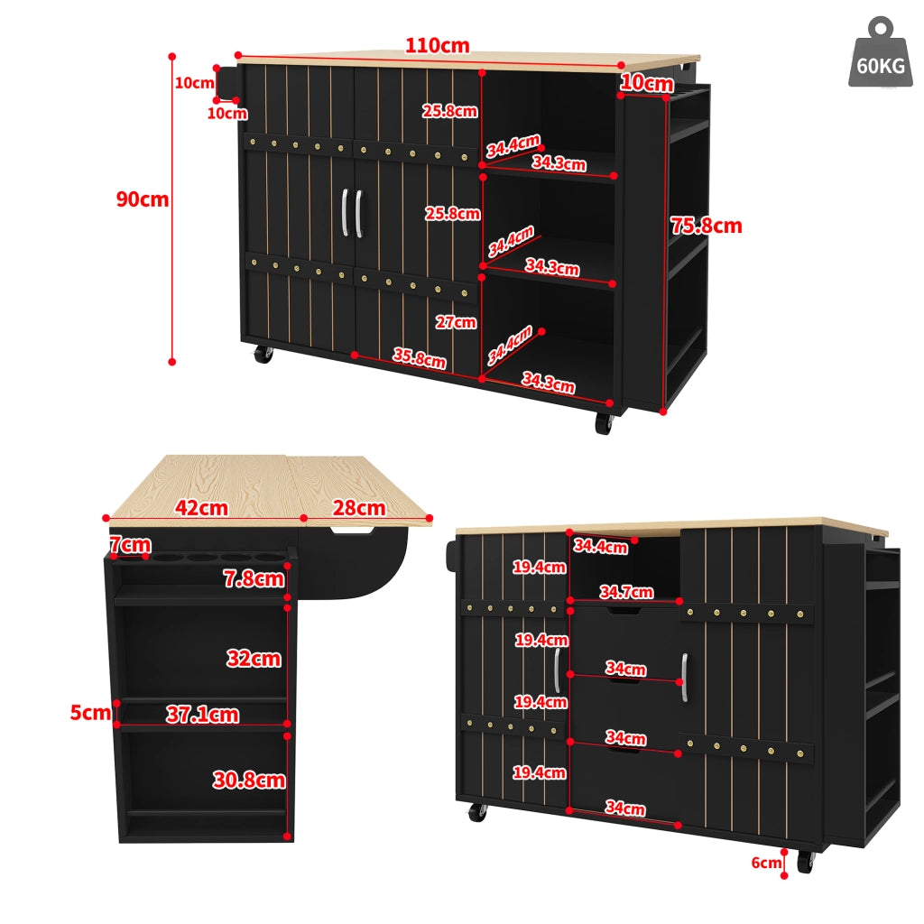 Carrello da Cucina con Cassetti e Ante Scorrevoli ¨C MINIMAL ¨C Nero