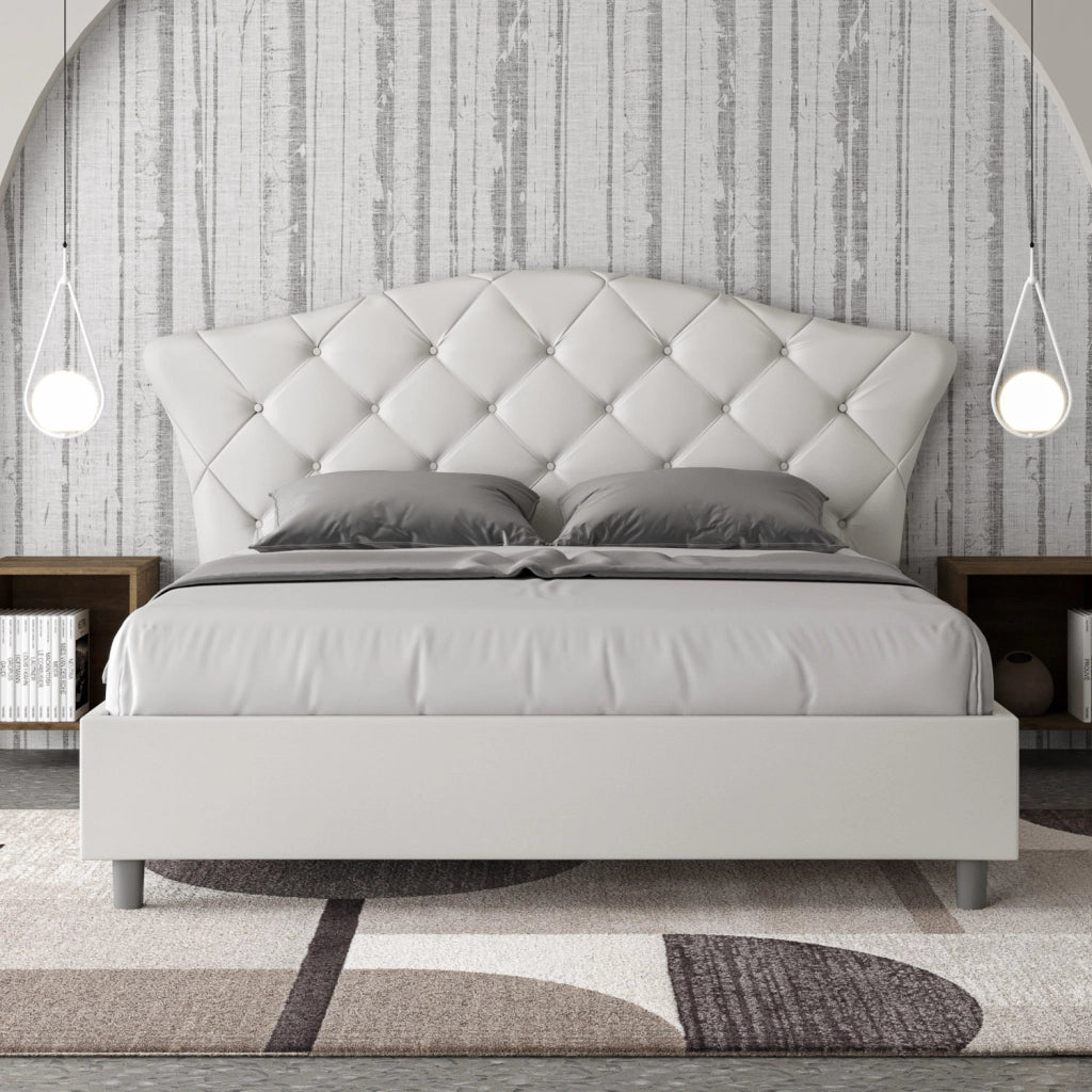 BS COM Letto matrimoniale con rete imbottito 160x190 similpelle bianco