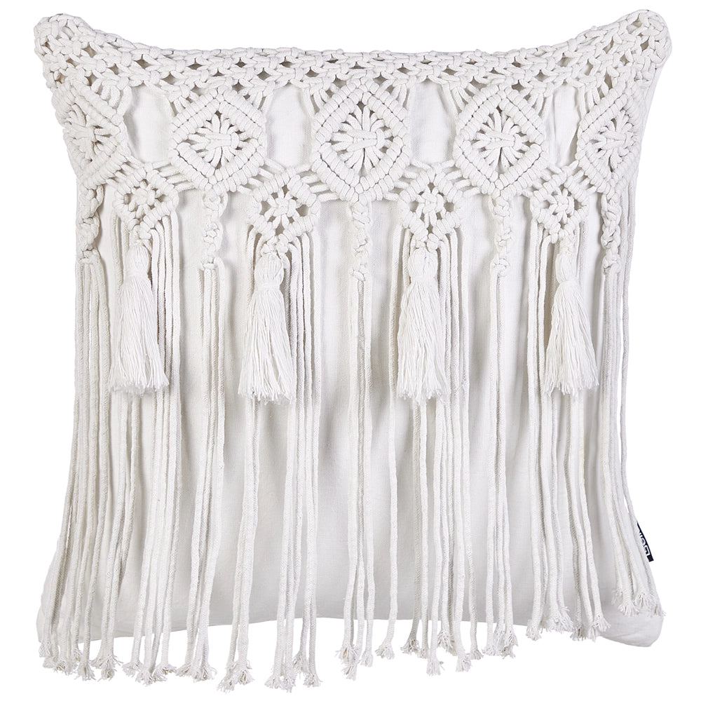 Set di 2 cuscini in cotone eacrame con motivo intrecciato bianco e frange 45 x 45 cm stile boho eleganti