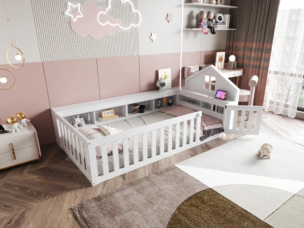 DESMIU Letto per Bambini Singolo con Contenitori, Sponde e Porta, 90 × 200 cm, Senza Materasso, Legno Massello, Bianco