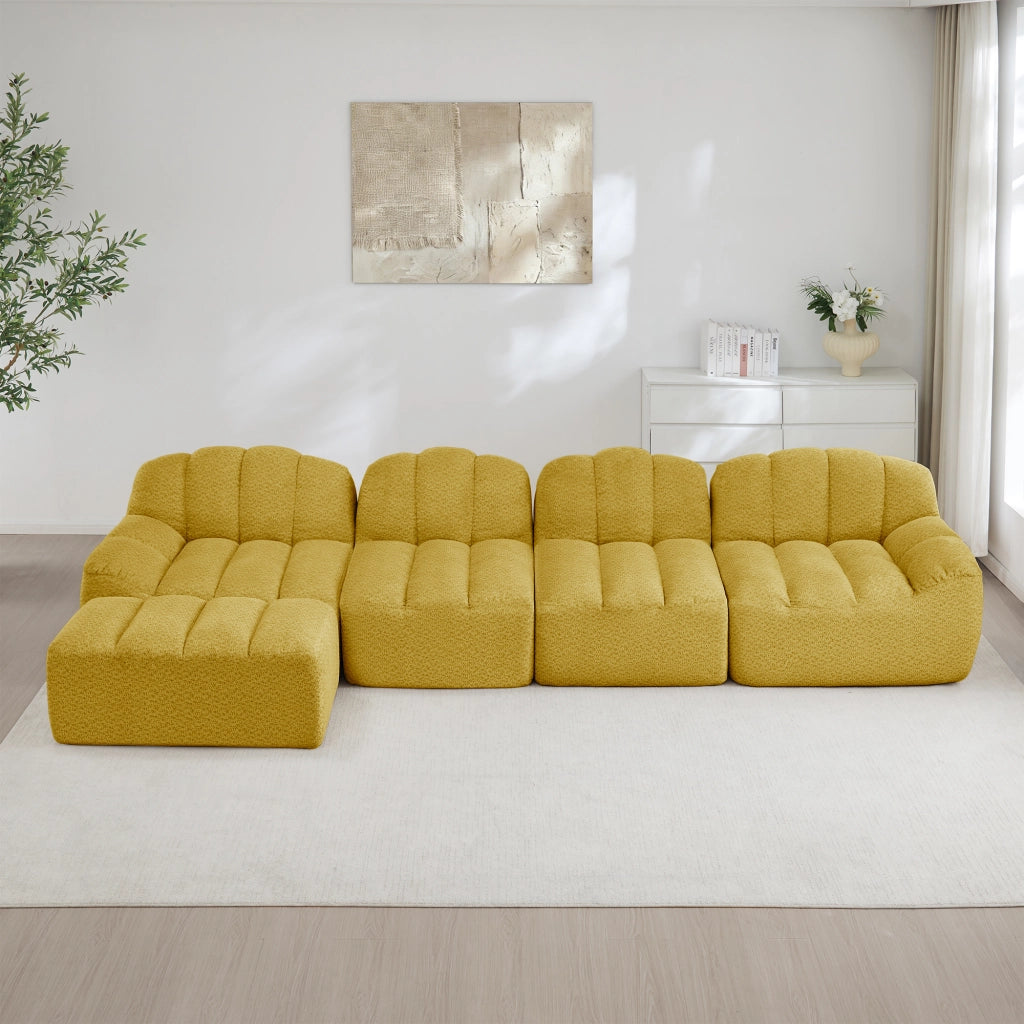 Divano modulare a 4 posti con pouf - Zephmum- Schiuma 32D, seduta profonda, guscio, tessuto morbido, giallo
