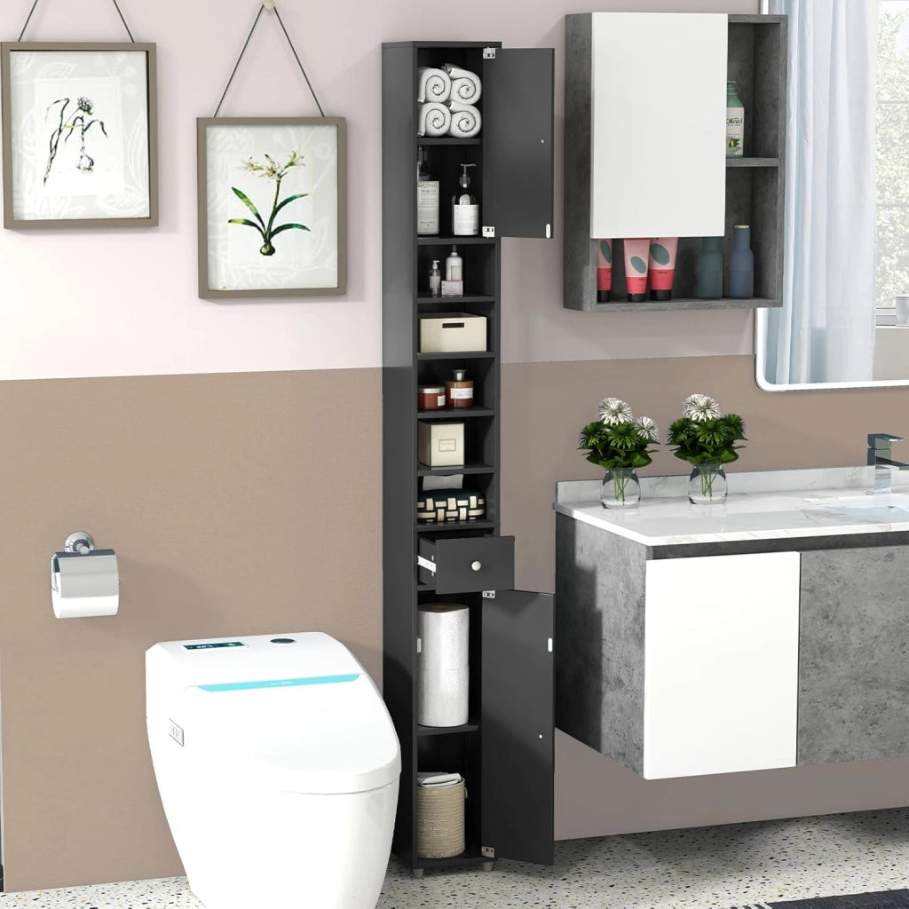 Armadio da Terra Alto, Mobile Colonna Bagno con 2 Ante 1 Cassetto e 5 Ripiani Regolabili, Mobile Bagno Salvaspazio per Bagno Soggiorno Camera da Letto, 20x20x180cm (Nero)