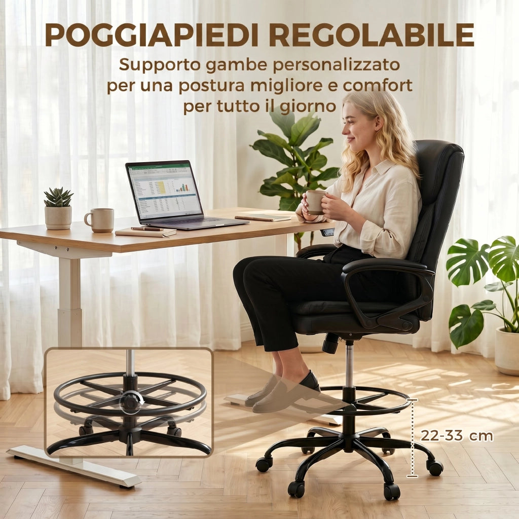 Sedia Ufficio Girevole in Finta Pelle. Altezza Regolabile. Schienale Alto. Braccioli. per Studio. Nero