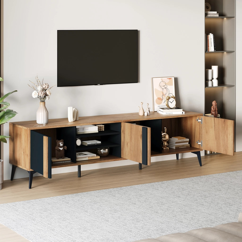 Mobile TV 180 cm con 3 Ante e 4 Vani Aperti e Passacavi; Stile Rustico; Marrone e Nero
