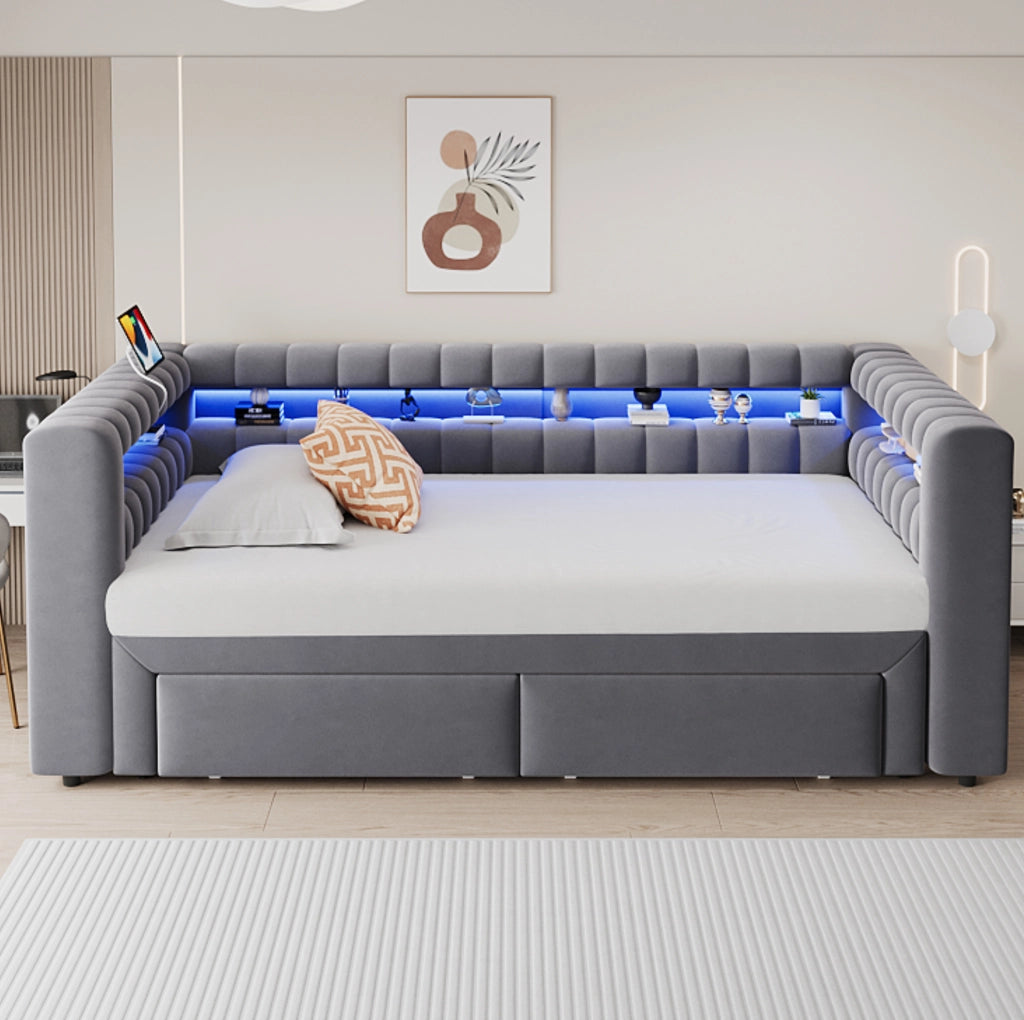 Divano letto imbottito estraibile 90x190/180x190 cm con 2 cassetti; vani contenitore; LED; velluto grigio