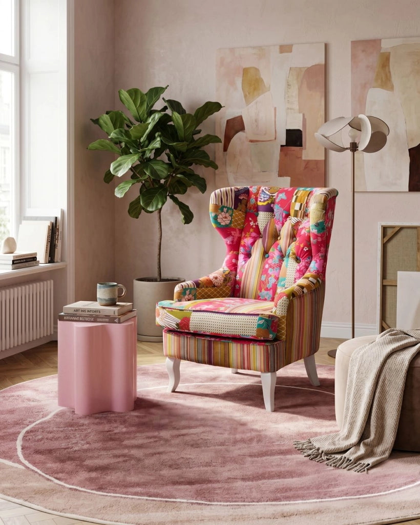 Poltrona Wingback Poltrona Patchwork Tessuto Multicolore base rosa Gambe in Legno capitonné