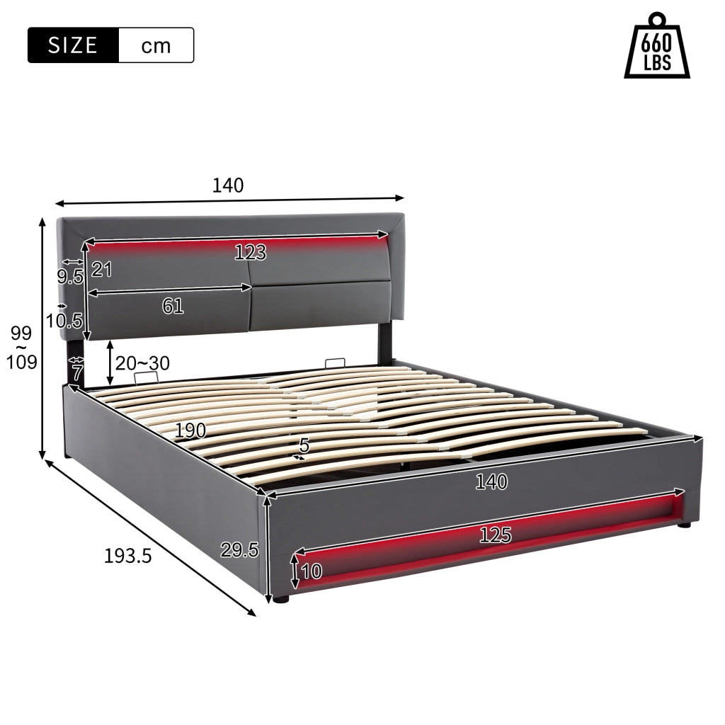 LETTO imbottito multifunzionale 140x190 cm PU grigio con USB, LED e contenitore