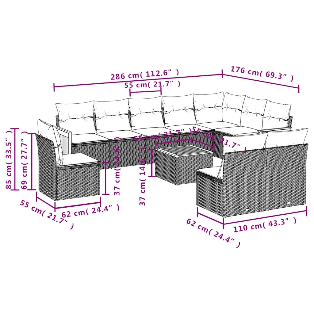 Set Divani da Giardino 11 pz con Cuscini Nero in Polyrattan 3227758