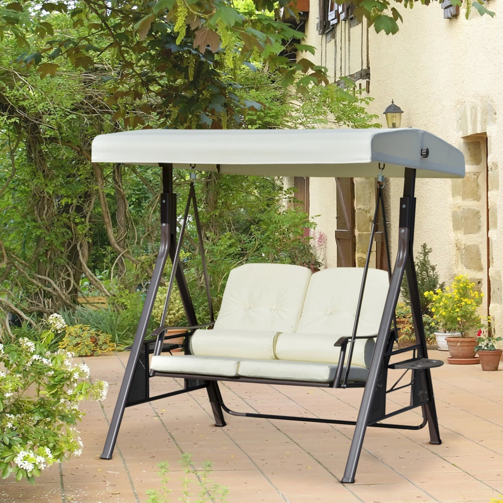 Altalena da portico due posti con tendone solare cuscini morbidi vassoio integrato telaio metallico rivestimento poliestere beige per giardino