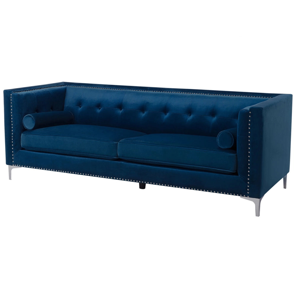 Divano in velluto a 3 posti Glamour blu navy con bottoni sul retro