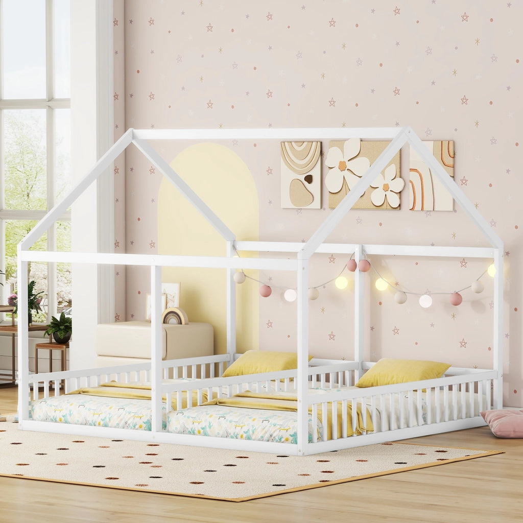 Letto singolo 90x200 in legno di pino e MDF, design a casetta, bianco