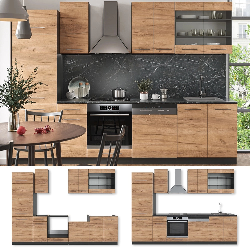 Cucina componibile Fame-Line Rovere dorato/Antracite 300 cm, PL Marmo Vicco