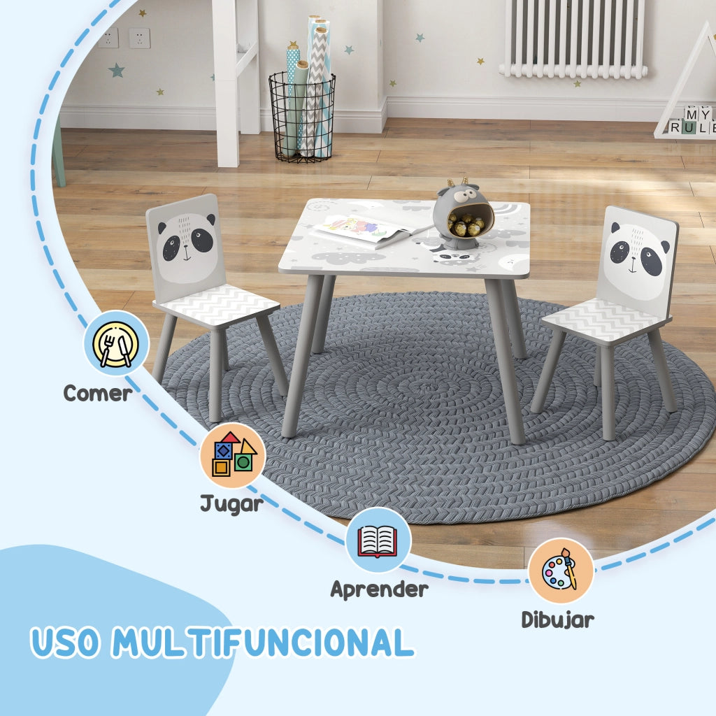Set Tavolo e 2 Sedie per Bambini ¨C Xylo ¨C Grigio e Bianco con Panda