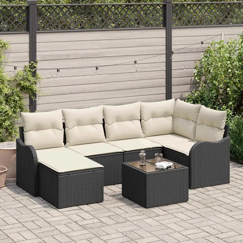 Set Divano da Giardino 7 pcs Nero e bianco Poly Rattan